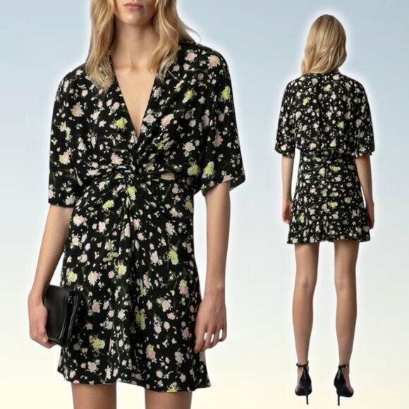 NWT ZADIG & VOLTAIRE Rozom Soft Crinkle Roses Dress Size XS - Picture 1 of 8